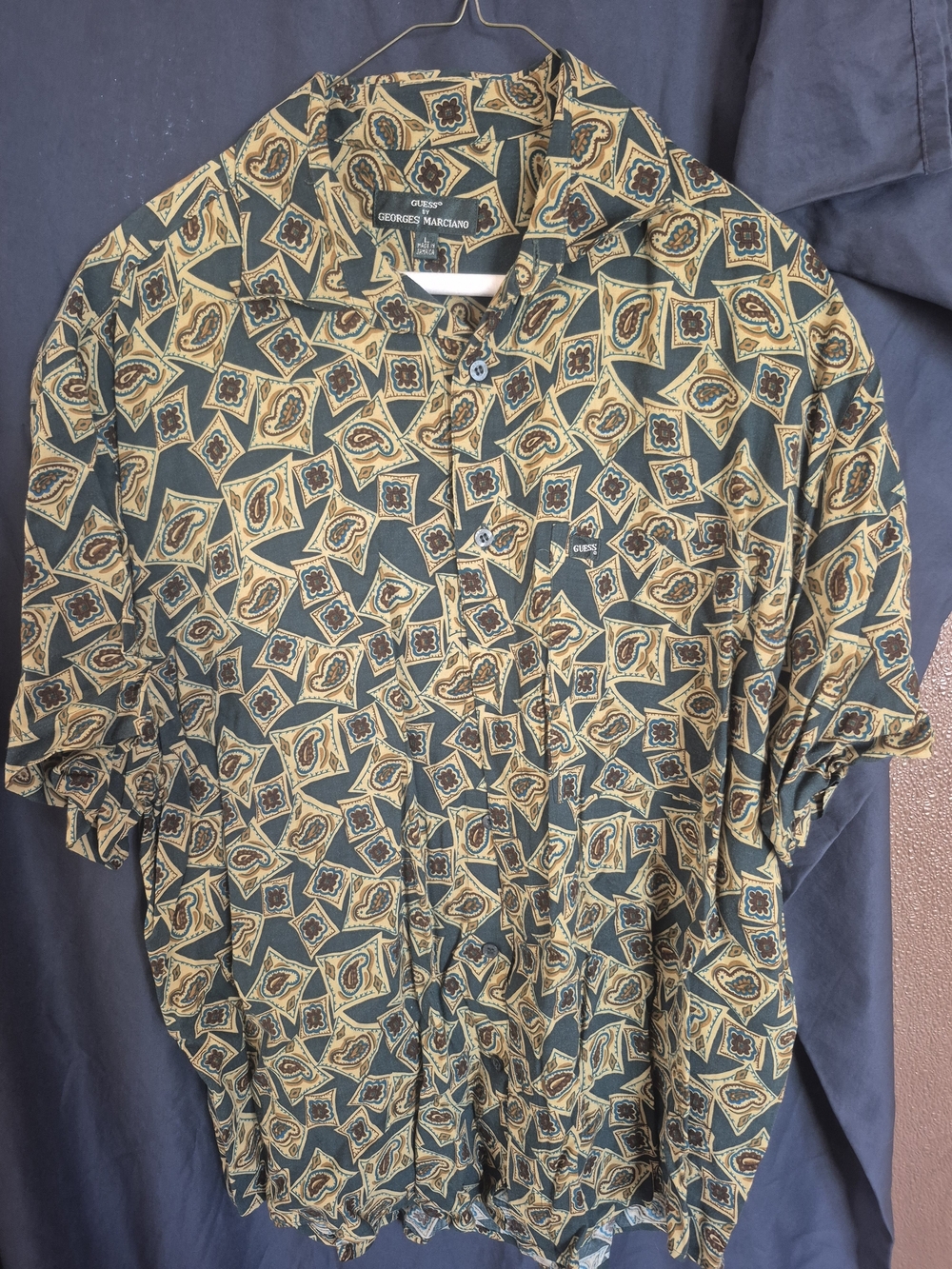 Geoffrey Beene Green and Tan Geometric Print Short Sleeve Button-Up